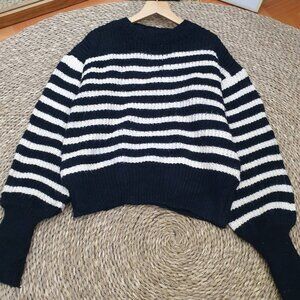 Navy White Stripe Chunky Knit Oversized Crop Sweater